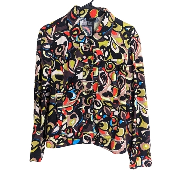 Retro Funky Artsy Button up Linen Blend Cropped Blazer Women's Size Large - Picture 1 of 11